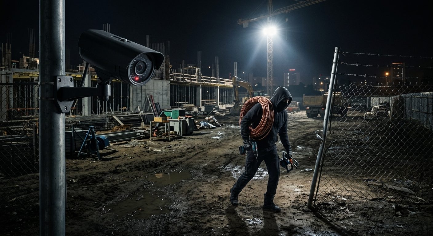 Thief carrying copper cable and tools off a construction site at night
