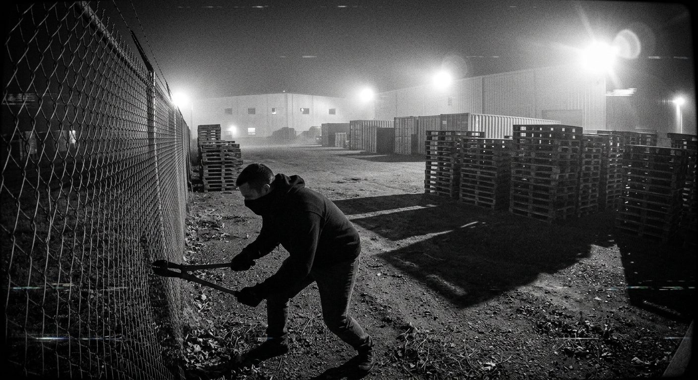 Masked man cutting a warehouse yard fence at night