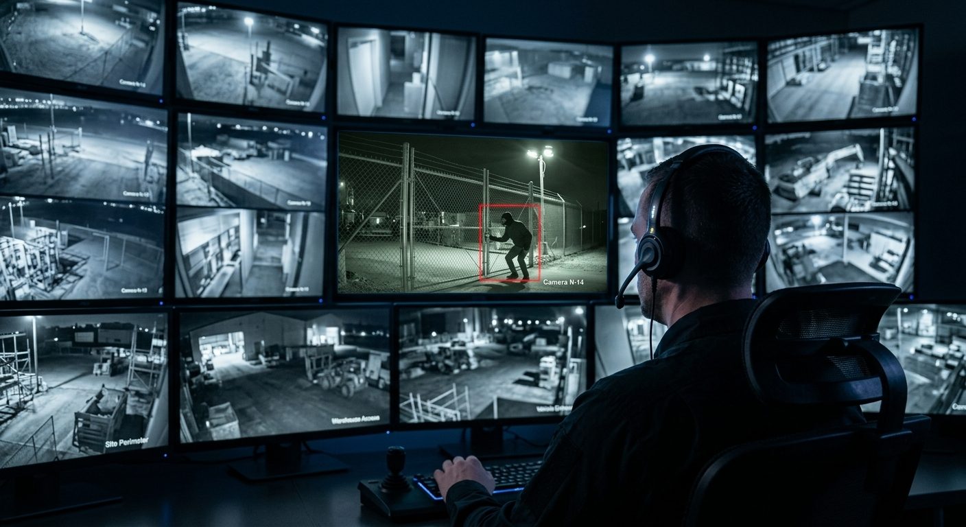 Operator spotting an intruder at a fence on a wall of live camera feeds
