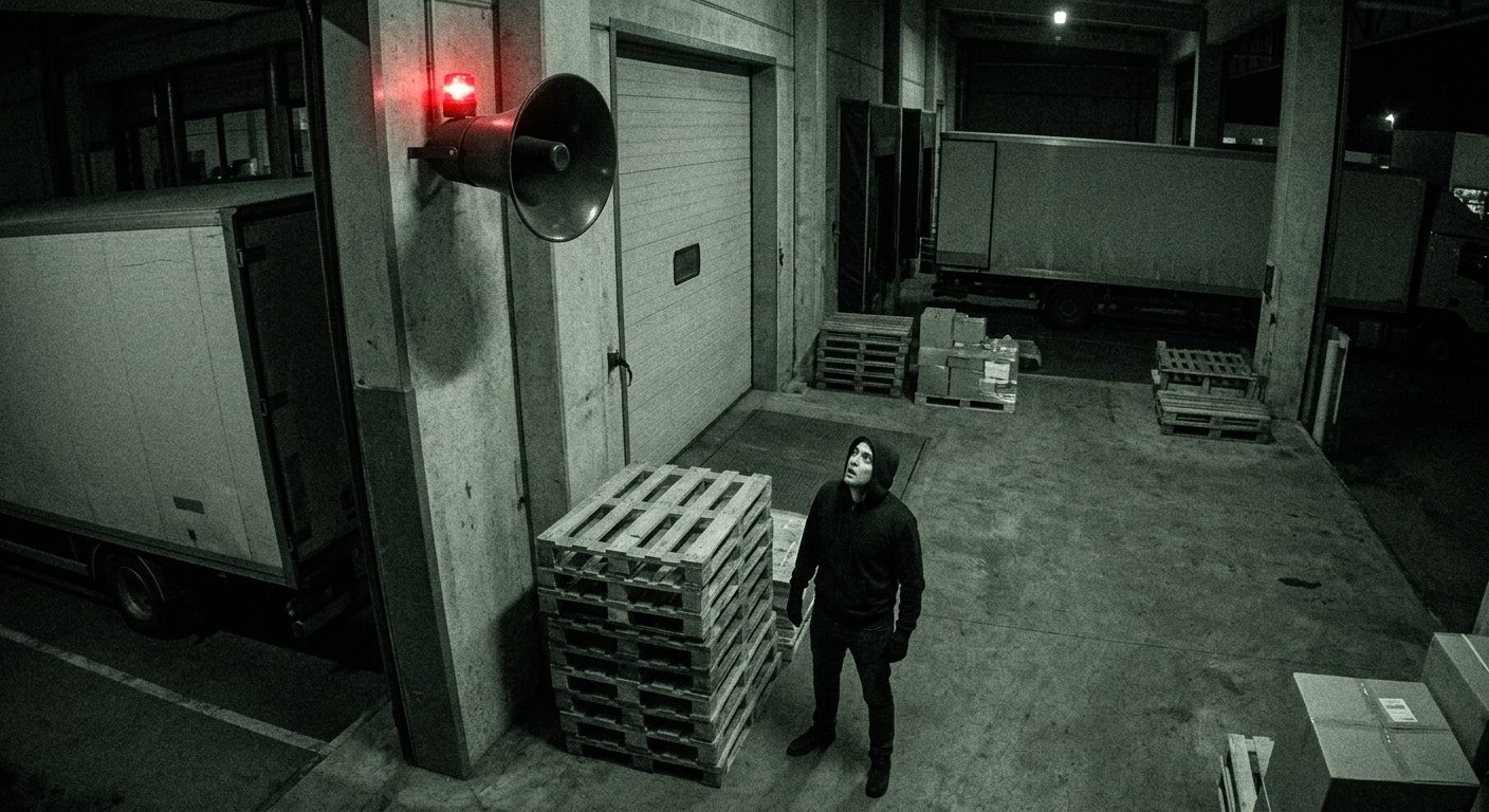 Intruder freezing under a loud speaker and red warning light