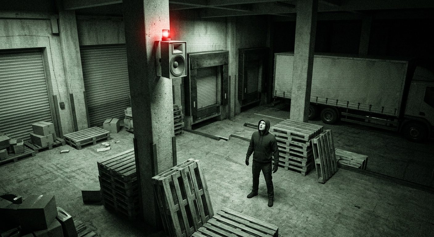Intruder in a warehouse looking up at a speaker and red warning light